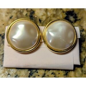 Vintage Signed Monet Gold Tone Faux Pearl Clip On Earrings
